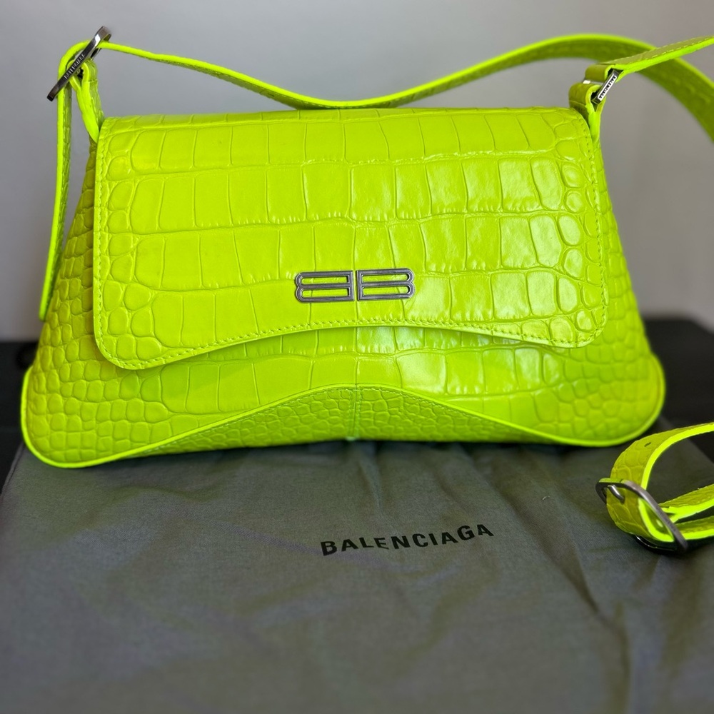 Balenciaga Neon Green Croc-Embossed Shoulder Bag